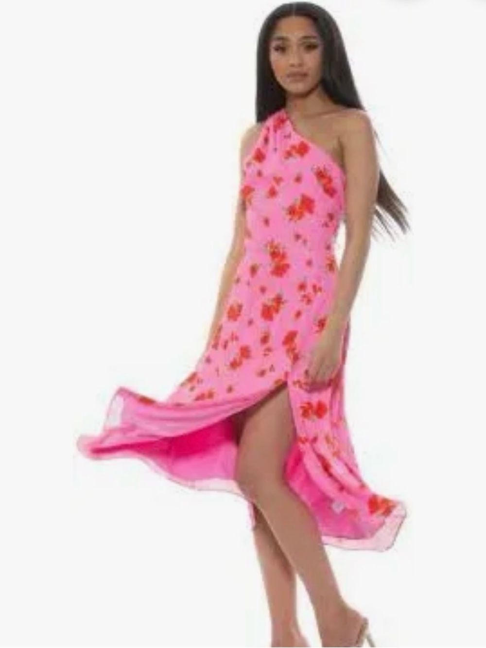 NWOT Alexia Admor Fay Pink Floral One-Shoulder Midi Dress